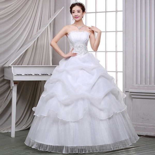 Gaun pengantin tanpa bahu putih simple luxuxy wedding dress puffy