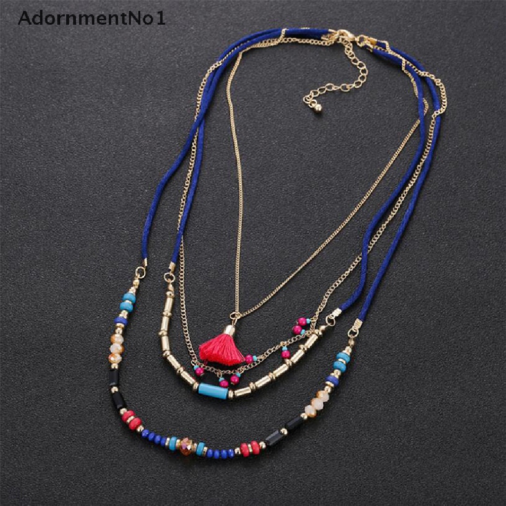 (AdornmentNo1) Kalung Choker Rantai Banyak Lapis Aksen Rumbai Manik-Manik Warna-Warni Gaya Bohemian Etnik Untuk Wanita