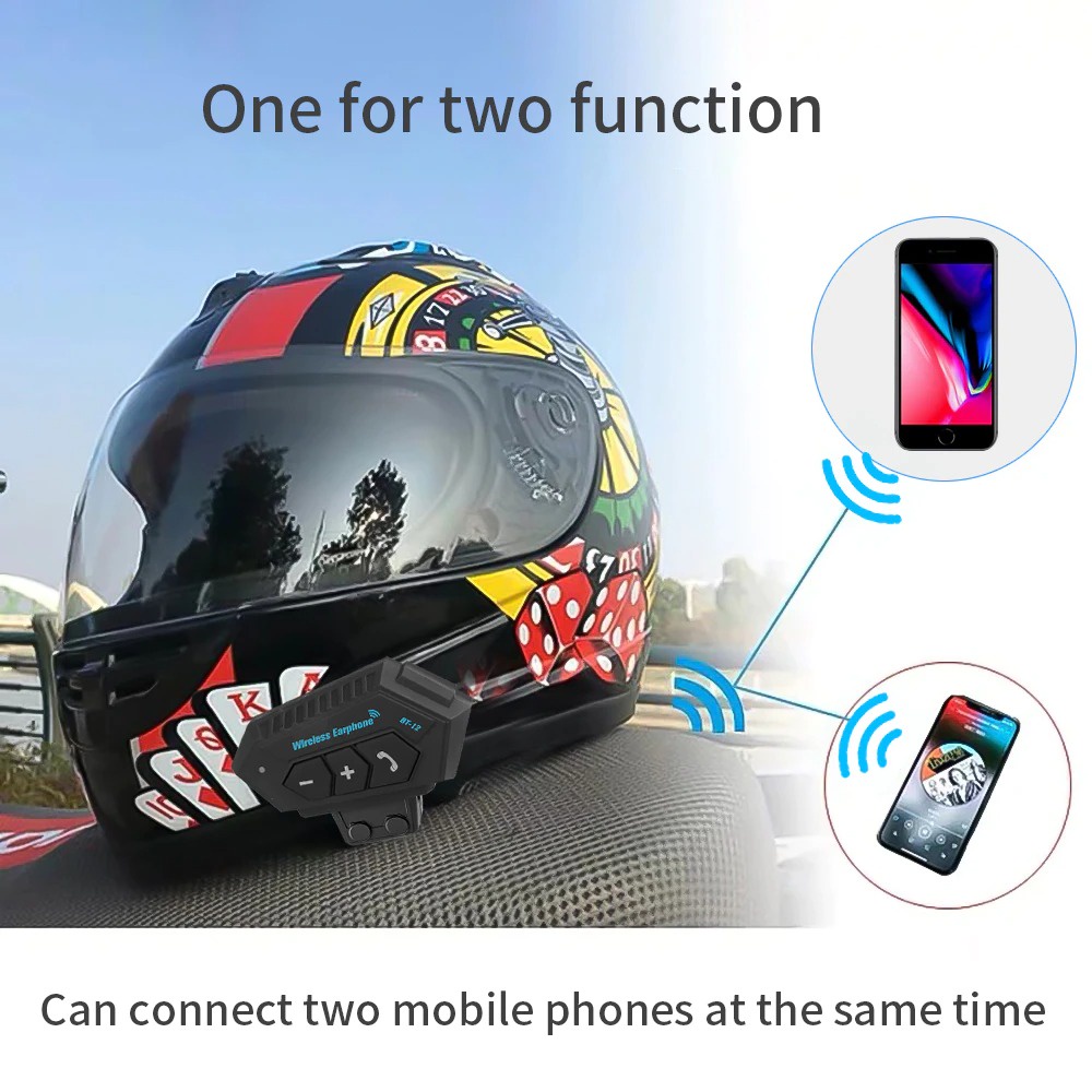 Intercom Headset Bluetooth Helm Motorcycle Wireless Anti Interference - BT-12 - Black