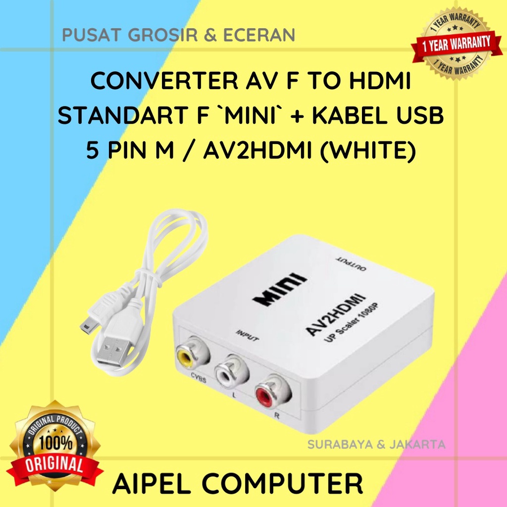 AV2HDMI | CONVERTER AV FEMALE TO HDTV STANDART FEMALE `MINI` + KABEL USB 5 PIN MALE / AV2HDMI (BLACK / WHITE)