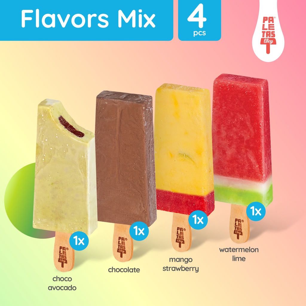 

Es Krim Paletas Wey 1 Choco Avocado, 1 Chocolate, 1 Mango Strawberry & 1 Watermelon Lime