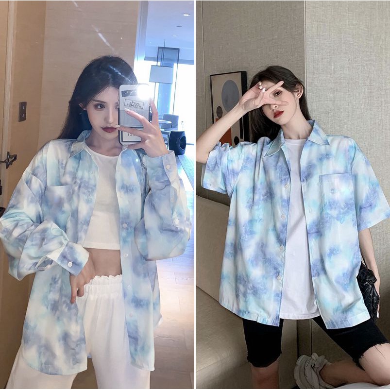 kemeja sifon kasual retro tie-dye fashion wanita korea lengan panjang