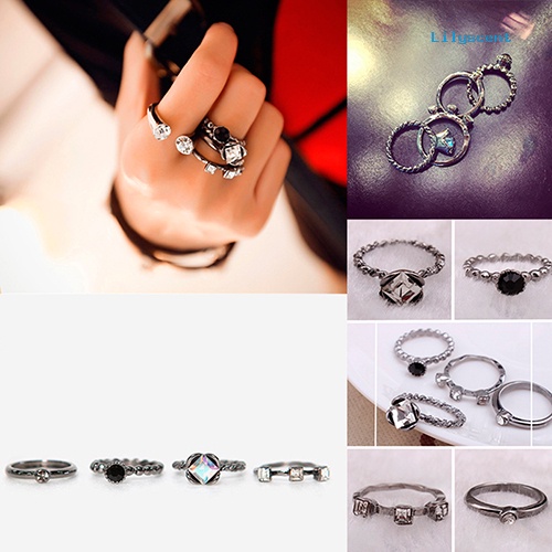 4pcs / Set Cincin Susun Gaya Retro Punk Aksen Berlian Imitasi Untuk Wanita