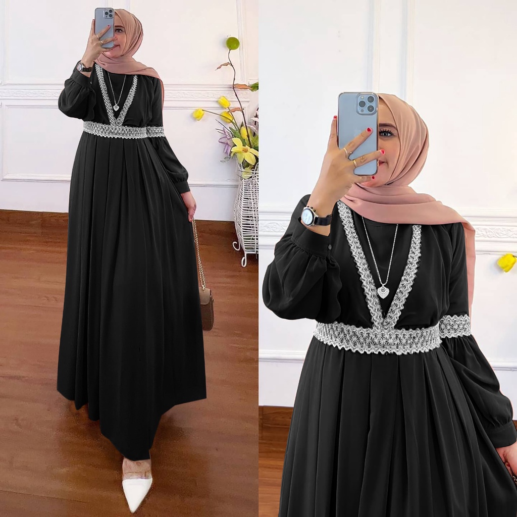 COD - Qaisha Dress Muslim Ceruty Aksen Renda Import Premium Fashion Gamis Gaun Maxy Lebaran Pesta Kondangan Terbaru-Hitam