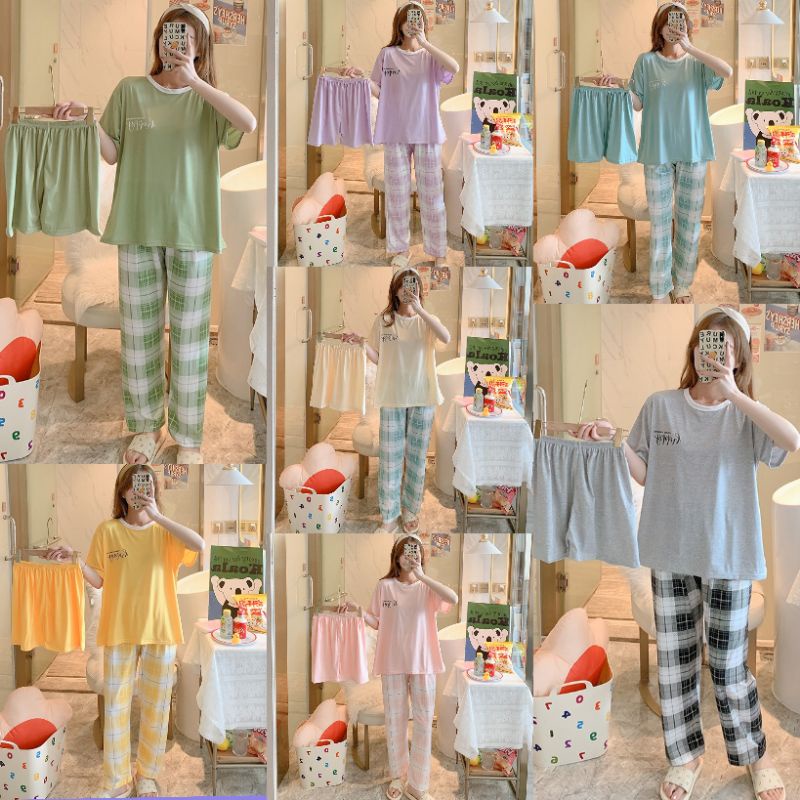 RULIF Piyama 3in1 lengan pendek wanita baju tidur import spandek oversize