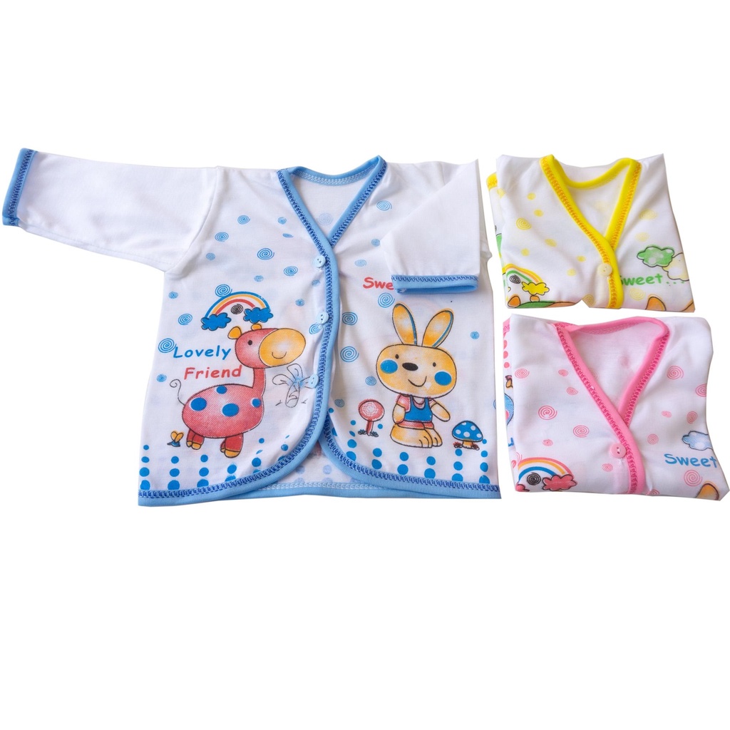 BAJU PANJANG PUTIH CD ISI 1 LUSIN Bahan CD Motif Random Boneka Pola Bayi Lengan Panjang Bahan Cotton Newborn Baby 0-12m Unisex KDE003 [450gr]