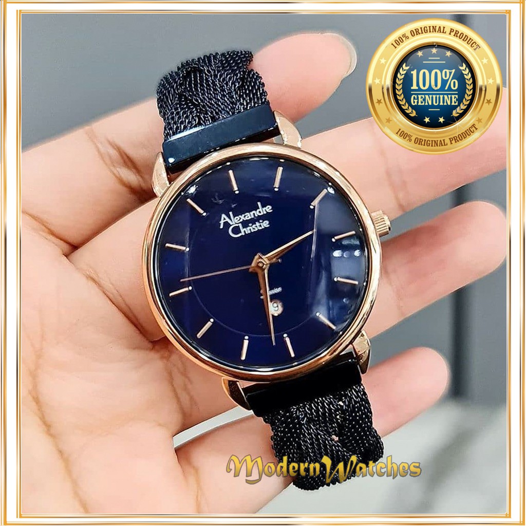 Jam Tangan Ori Wanita Terbaru Alexandre Christie AC 2857 Biru Navy Rosegold Blue Stainless Alexander