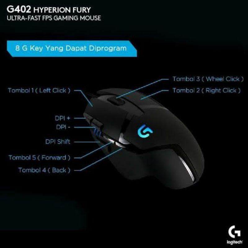 logitech G402 hyperion fury fps ultra fast gaming mouse ori resmi