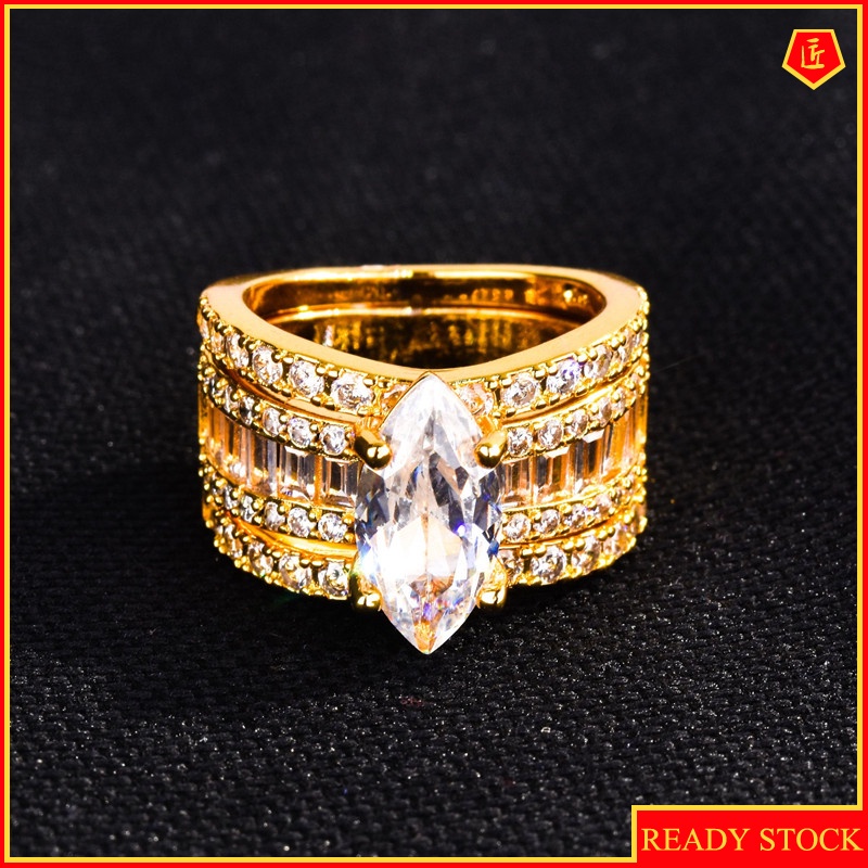 [Ready Stock]18K Gold Luxury Elegant Inlaid Diamond Three-Piece Ring