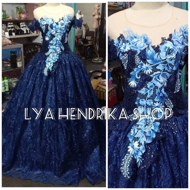 Baju pengantin biru Dongker 3D tile akar mutiara