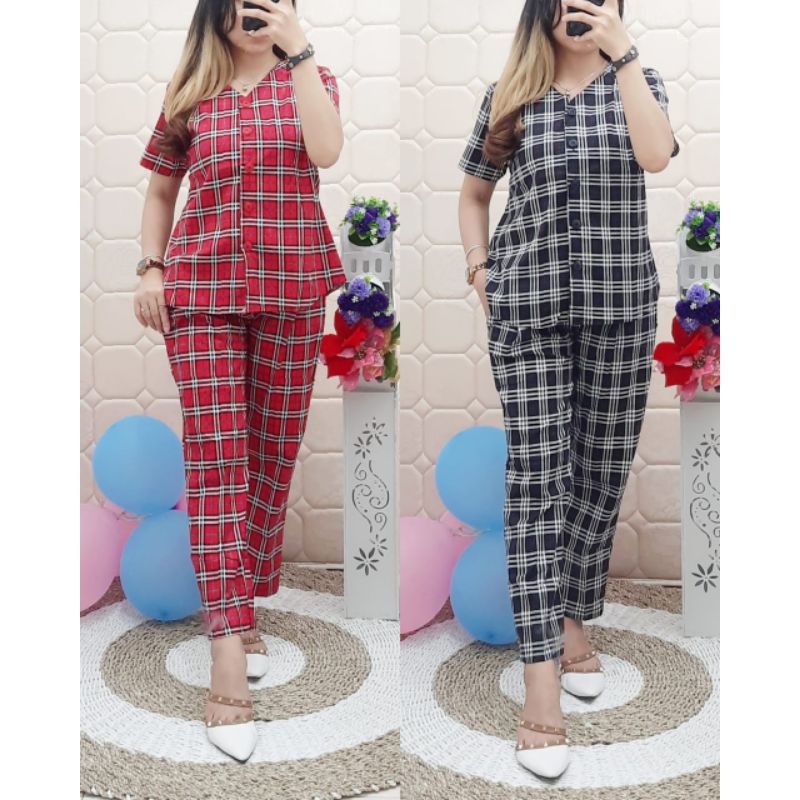 NOEL BLUS SET NOEL STRET BURBERRY MOTIF CELANA PINGGANG KARET OVER SIZE BIG KANCING ATASAN KEKINIAN