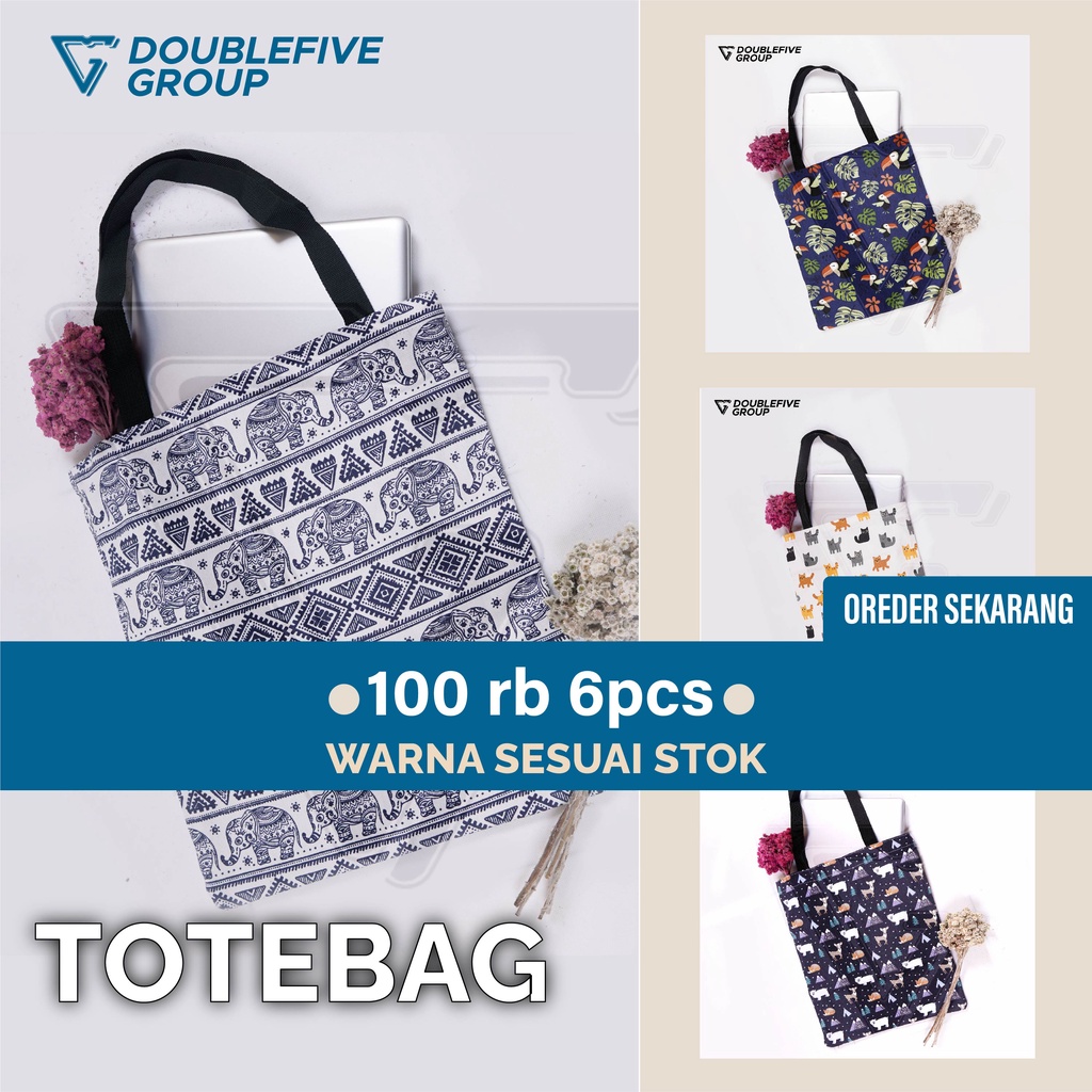 PAKET 100 RIBU 6 PCS Totebag Kekinian Motif Lucu Bahan Kanvas Penutup Resleting