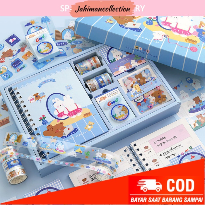 

✨ BISA COD ✨ Diary Set Blue 81items Notebook Washi Tape Sticker Deco Paper GiftBox