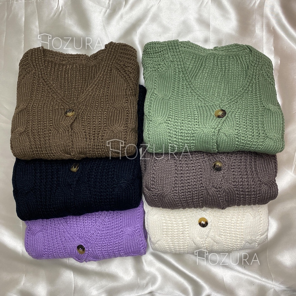 Hozura - Cardigan Sweater Rajut Gelombang Kepang TEBAL Belca - RONNIE Crop Cable Knit Button Cardi