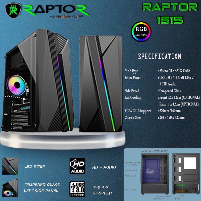 Power UP RAPTOR 1615 - LED Front Strip Casing PC Gaming Black Strike