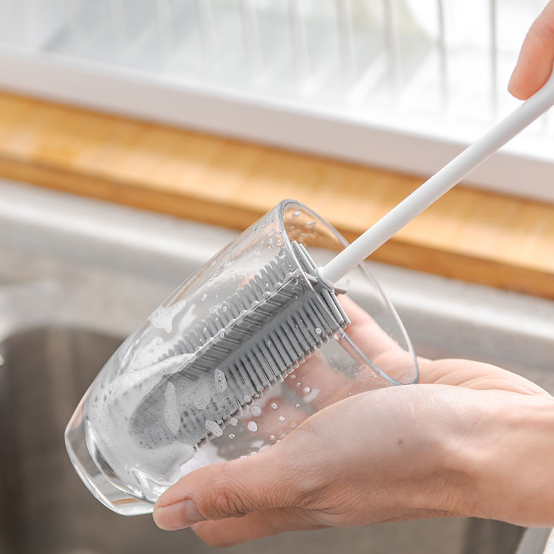 1Pc  Silicone Glass Bottles Cleaning Brush / Long Handle Cup Brush / Household Tea Cup Sponge Brush / Bottles Washing Kitchen Cleaning Tool