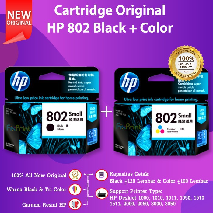 SET Cartridge HP 802 Black Color Tinta Printer Deskjet 2050 3050 1010