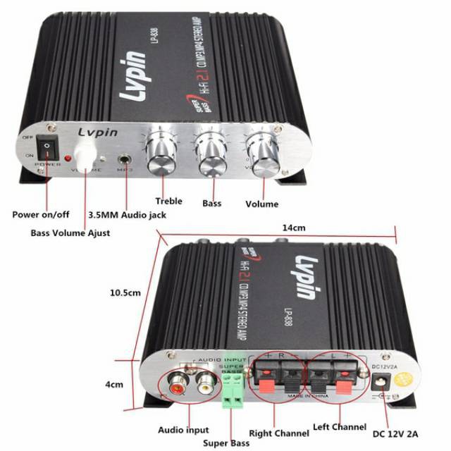 LVPIN Mini HiFi Stereo Amplifier Treble Bass Booster 12V 200W LP-838 Black Grab Medan