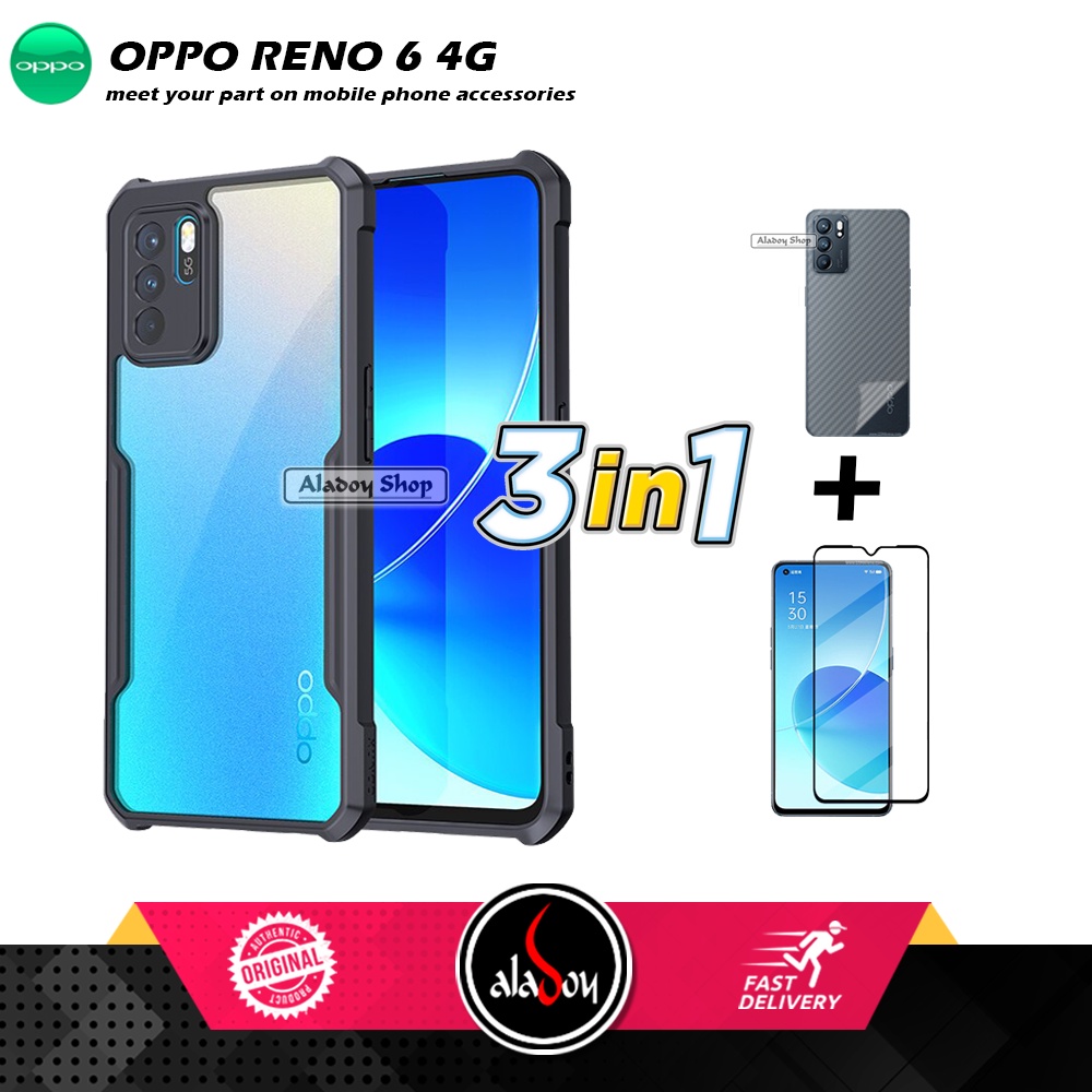 Case Oppo RENO 6 4G Armor Fushion Transparent Casing + Tempered Glass Full Layar dan Skin Carbon