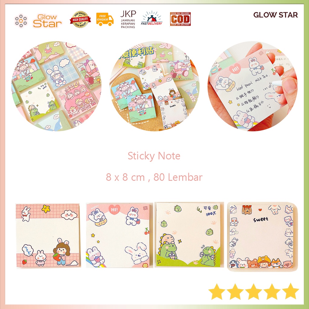 Sticky note dino Rabbit Bunga Pink Lucu Imut Memo Catatan Mini 8 x 8 cm Kertas Reminder Pengigat Notes