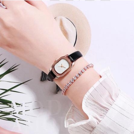 BAJ Jam Tangan Quartz Strap Rubber PU Analog Casual Gaya Retro Wanita Persegi Watch Korean Fashion Balok RM048