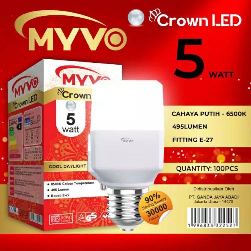 Lampu Bolam LED MYVO CROWN 5 Watt/ 10 Watt / 15 Watt Cahaya Putih