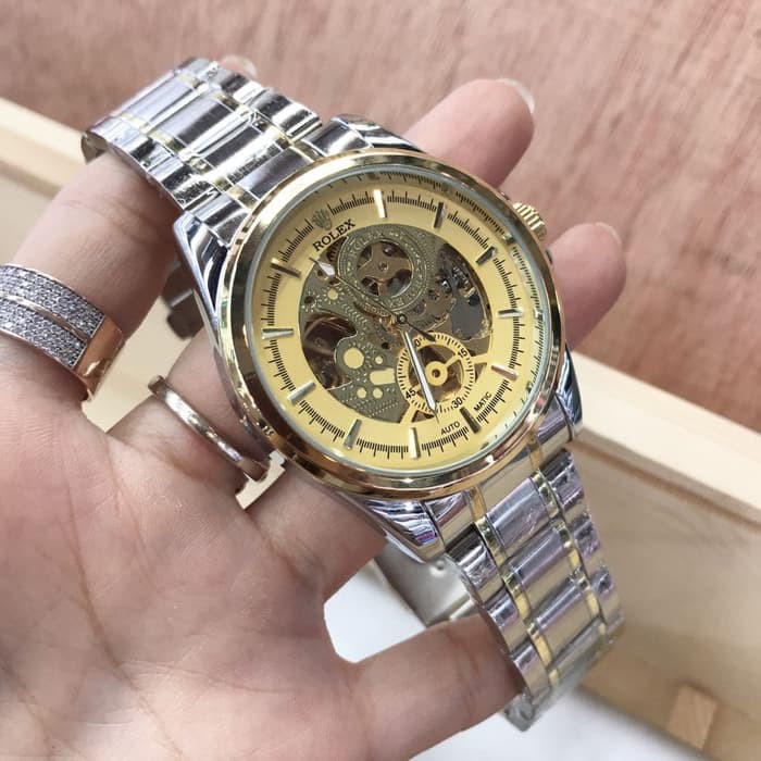 JAM TANGAN PRIA MURAH AUTOMATIC SKELETON SILVER GOLD (GOLD)