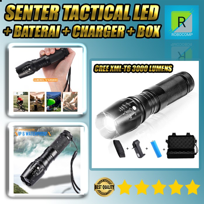 Senter Tactical LED Cree XML-T6 3000 Lumens + Baterai + Charger + Box