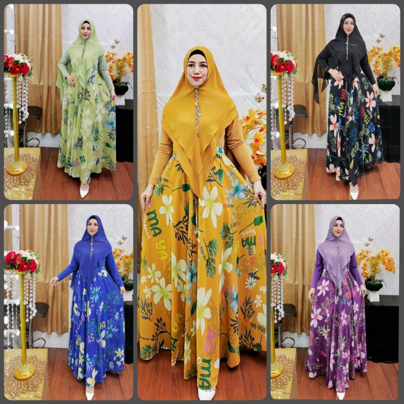 Anggun Syar'i By AS.MA.YA Terbaru Gamis Muslim Ceruty Babydoll Printing Mix Jersey Korea Dress Musli