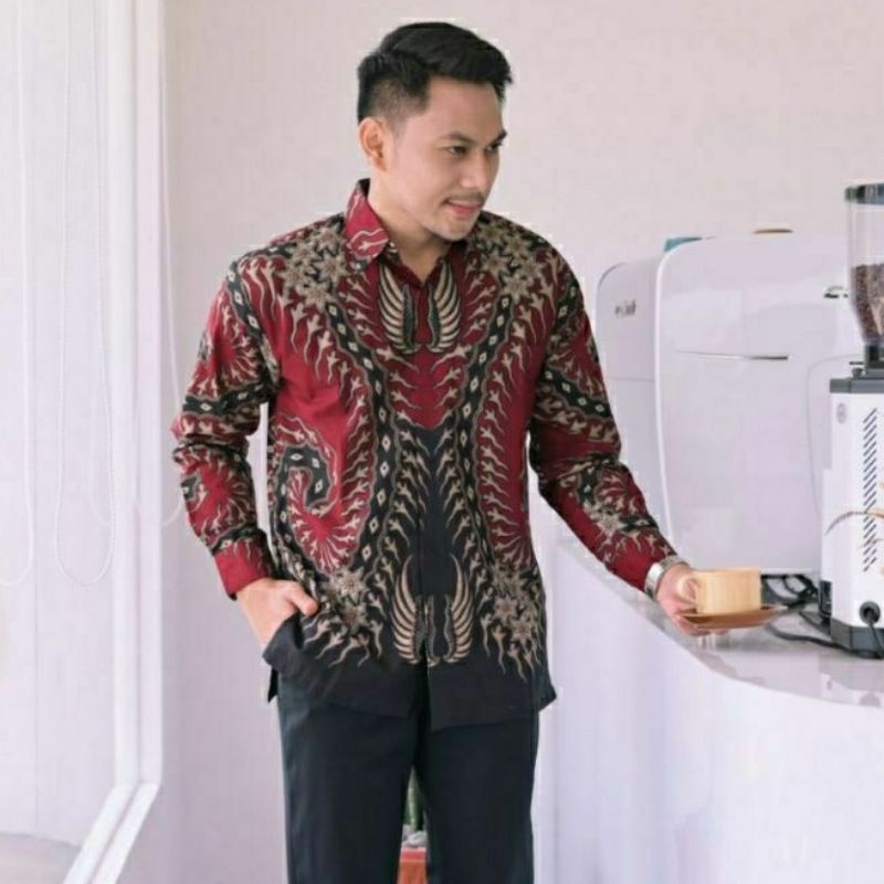 Baju Batik Pria Slim fit TjGrup Keris Sayap Merah Mahal Batik Soloan Lengan Panjang Pendek Batik Jum