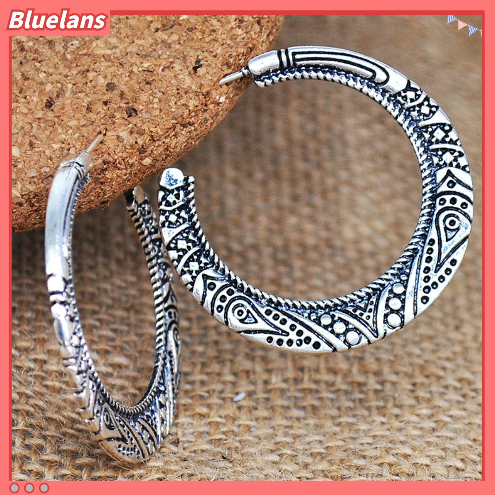 Anting Hoop Bentuk Lingkaran Besar Motif Ukir Gaya Vintage Tibet Untuk Wanita