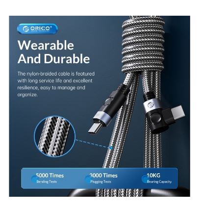 Cable Usb-c to type-c pd orico 1.5 meter L-shape 90 degree 5A 100w 480Mbps aluminum braided c2cw-15 - Kabel data charge 1.5m 150cm