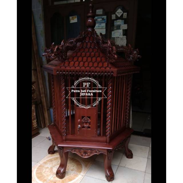 Kandang ayam hias Bekisar - Kurungan burung besar kayu jati ukir motif naga