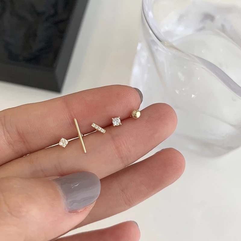 [ACKER] 6pcs/Set Set Anting-Anting Geometris Minimalis 925 Jarum Perak Kacang Sederhana / Telinga Zirkon Tragus Cartilage anting pejantan