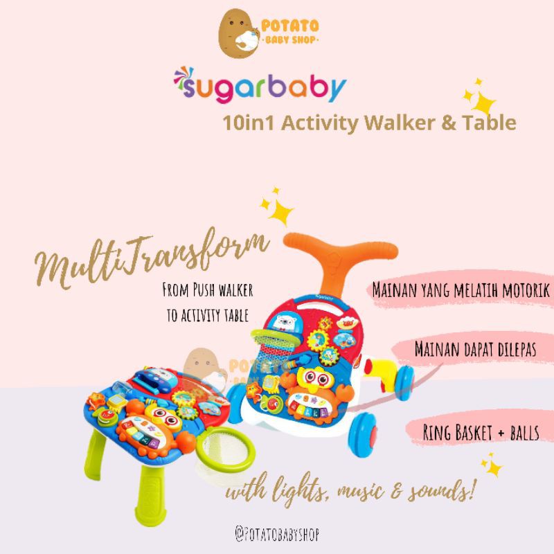 Sugar Baby 10in1 Activity Push Walker &amp; Table PINK ORANGE GREEN