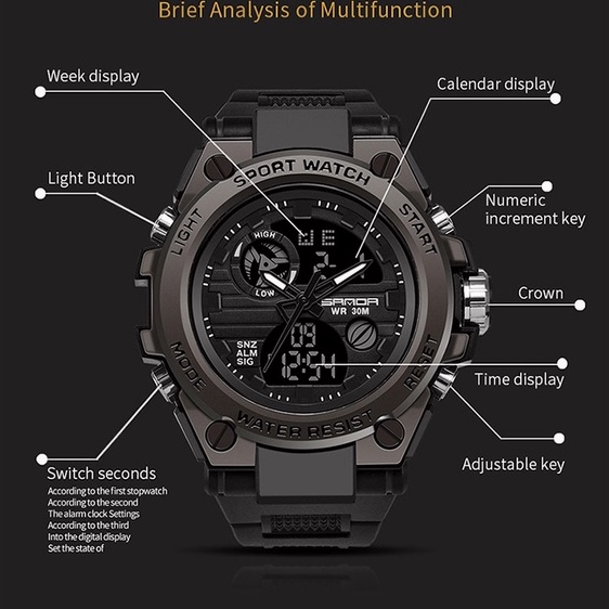 【COD】Jam Tangan Pria SANDA 739 Tahan Air Multifungsi Mewah Militer Olahraga Tangan Water Resistant Jam  Digital Analog Tali Rubber Chronograph 50M/ Free Baterai