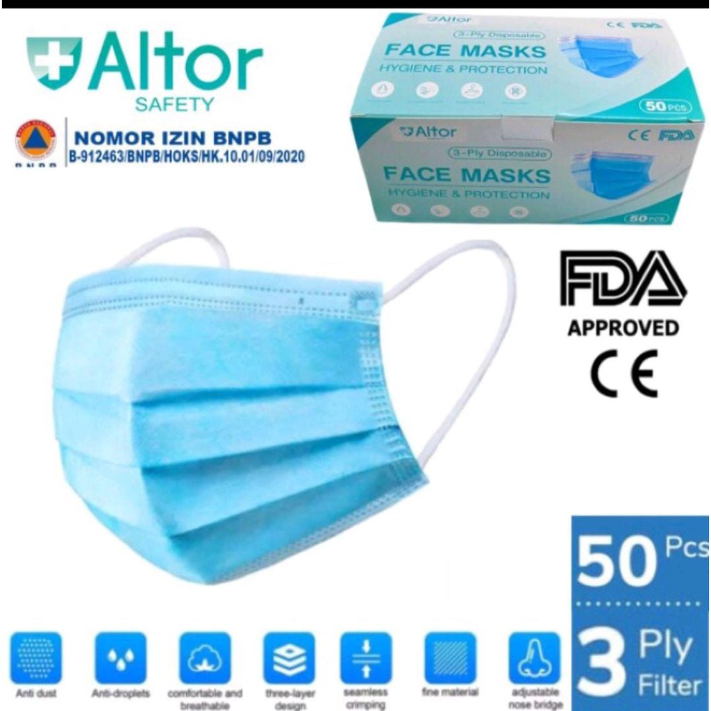 Masker 3ply 1Box isi 50 Pcs Earloop Medical Grade Biru Nori Shop Jombang