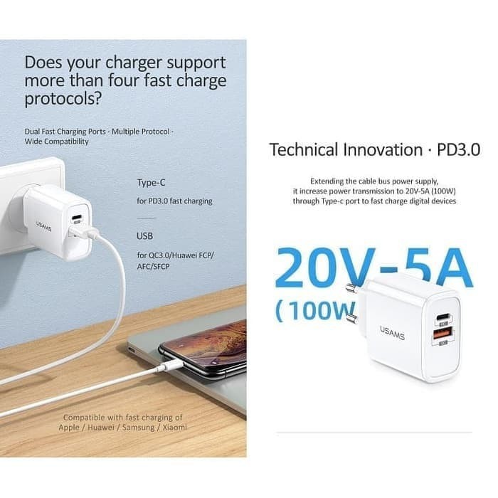 USAMS T15 Charger hp adaptor QC 3.0 + PD Fast Charging Qualcomm -18W-