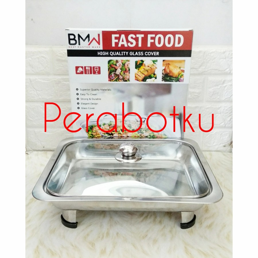 Fast Food Stenlis Segi + Tutup Full Kaca / Tempat Saji Makanan Prasmanan