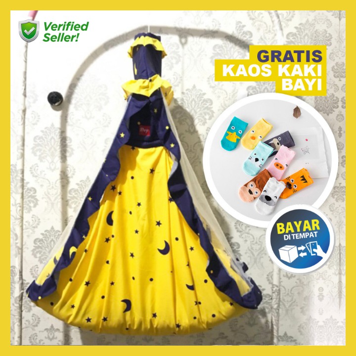 Ayunan Bayi Kelambu Gantung Set Kasur Belum Termasuk Per Ayunan Motif Bulan Bintang Dominan Kuning