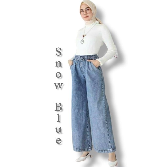 Highwaist Celana Panjang Jeans Kulot Wanita Pinggang Karet Oversize Bahan Denim