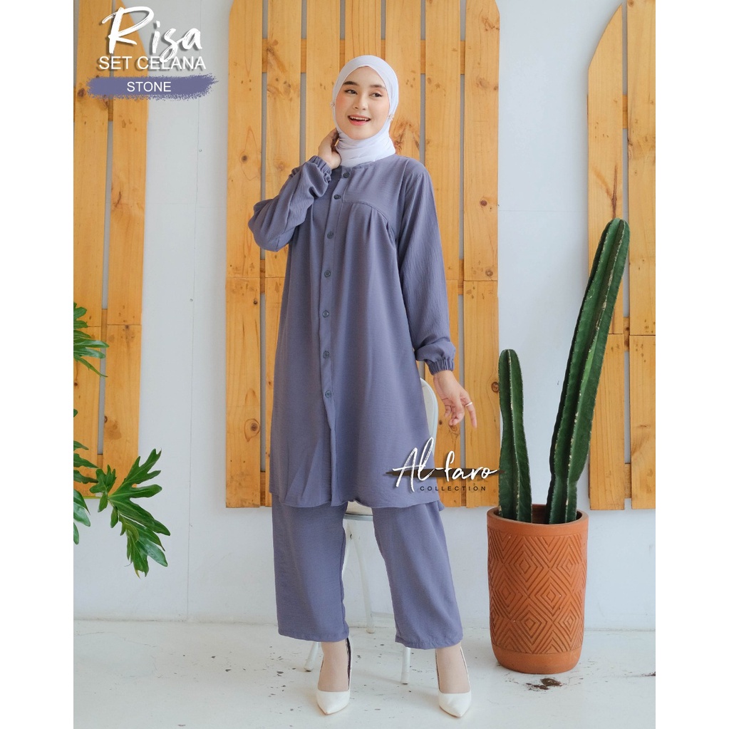 Setelan celana one set ANJANI RISA original by AL FARO atasan celana crinckle terbaru casual shabby limitted setelan wanita busui bumil tunik long kancing kemeja kerja muslim ootd fashion lylac denim army