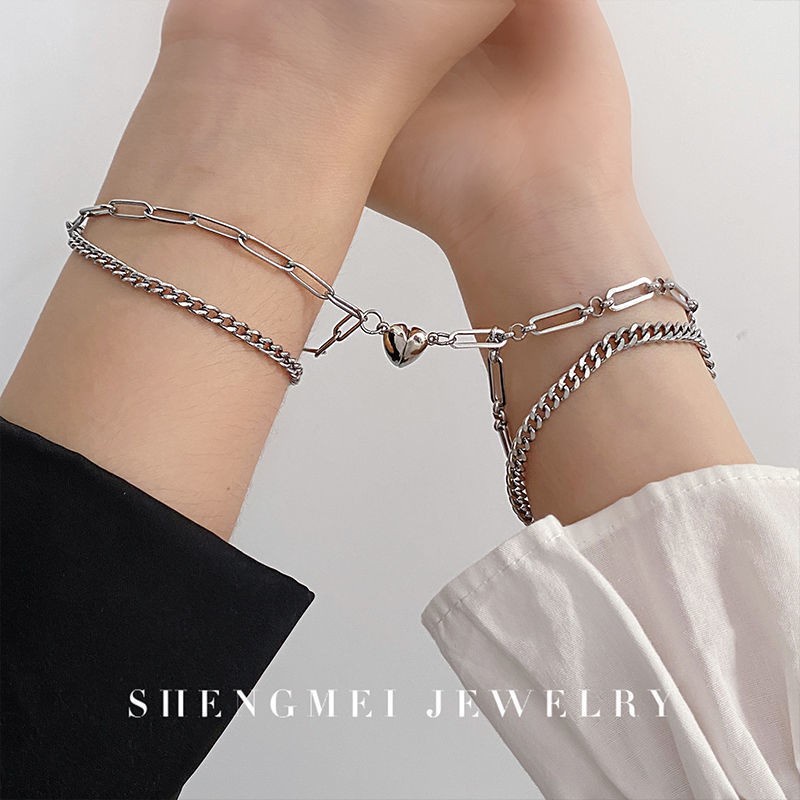 Set Gelang Rantai Silver Liontin Hati Magnetik Lapisan Ganda Untuk Aksesoris Perhiasan Pasangan