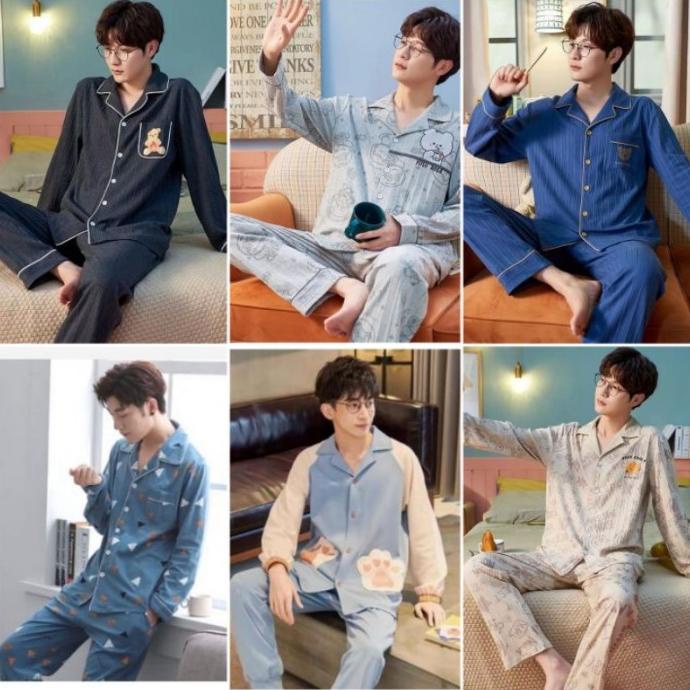 Setelan Piyama Cowok Tangan Panjang Kancing Depan Import Korea Style Storcila