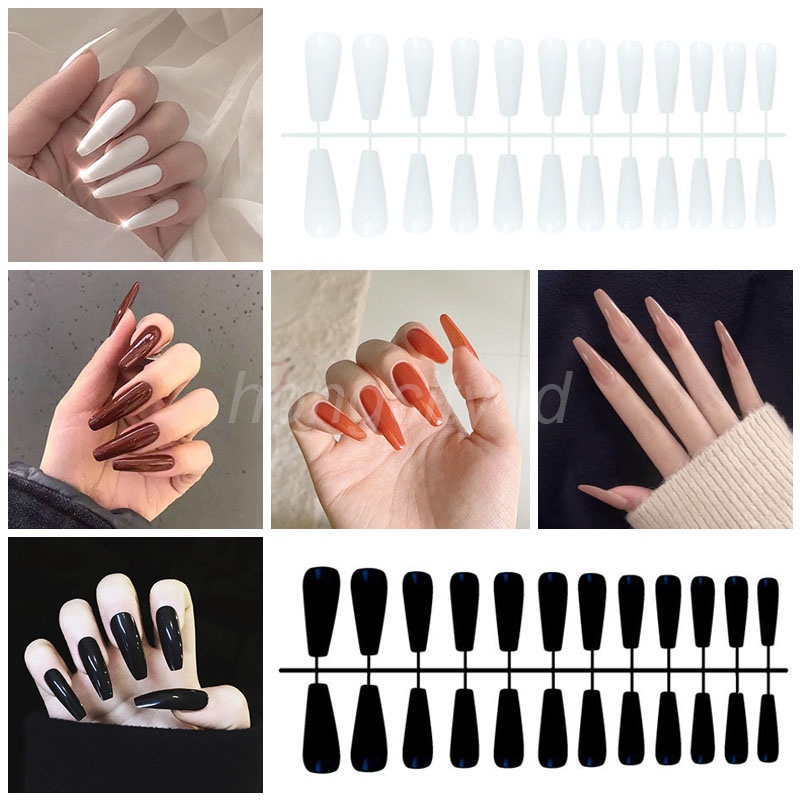 24pcs / Set Kuku Palsu Panjang Bentuk Trapesium Bahan Akrilik Warna Solid Untuk Nail Art