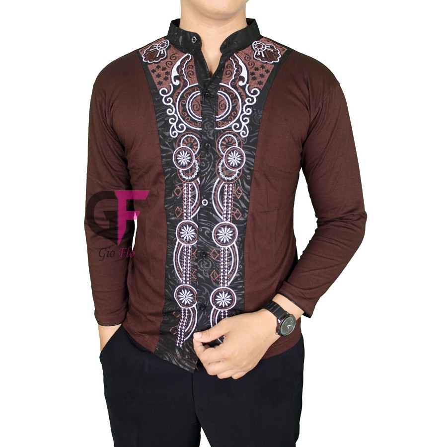 GIOFLO Baju Koko Modern Panjang Kemeja Muslim Pria Brown / KKL 40