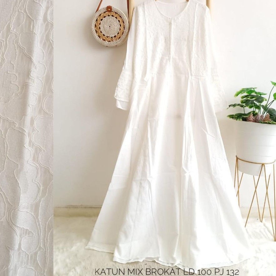Dress katun mix brokat putih import