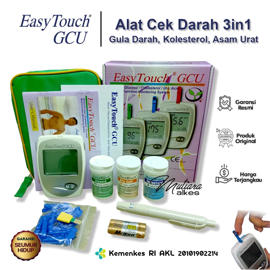 (MUTIARA ALKES) GRATIS ONGKIR XTRA - Alat Easy Touch GCU 3in1 ( Cek Gula Darah, Asam Urat, Kolesterol )