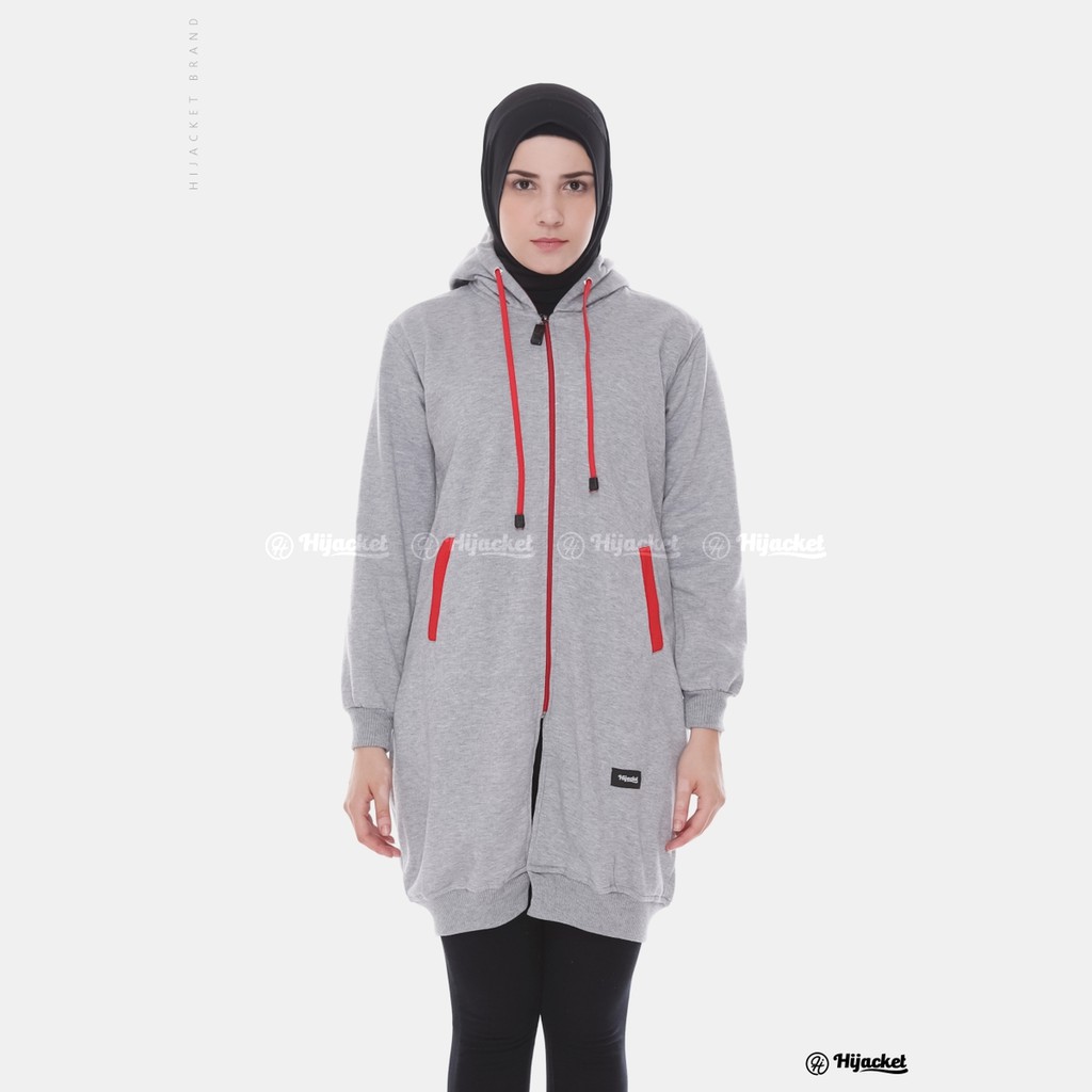 Jaket Sweater Wanita Muslimah Hijaber - Hijacket Basic Grey - Switer Hoodie Outwear Panjang Hijabers-HJ-22 Grey X Red