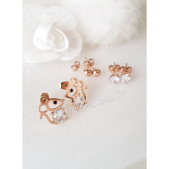 Anting Set 3 Rabbit Anting Tusuk Pentol Anting Tusuk Permata Zircon Rosegold Titanium impor Antikarat Anting Set3 Titanium Rosegold